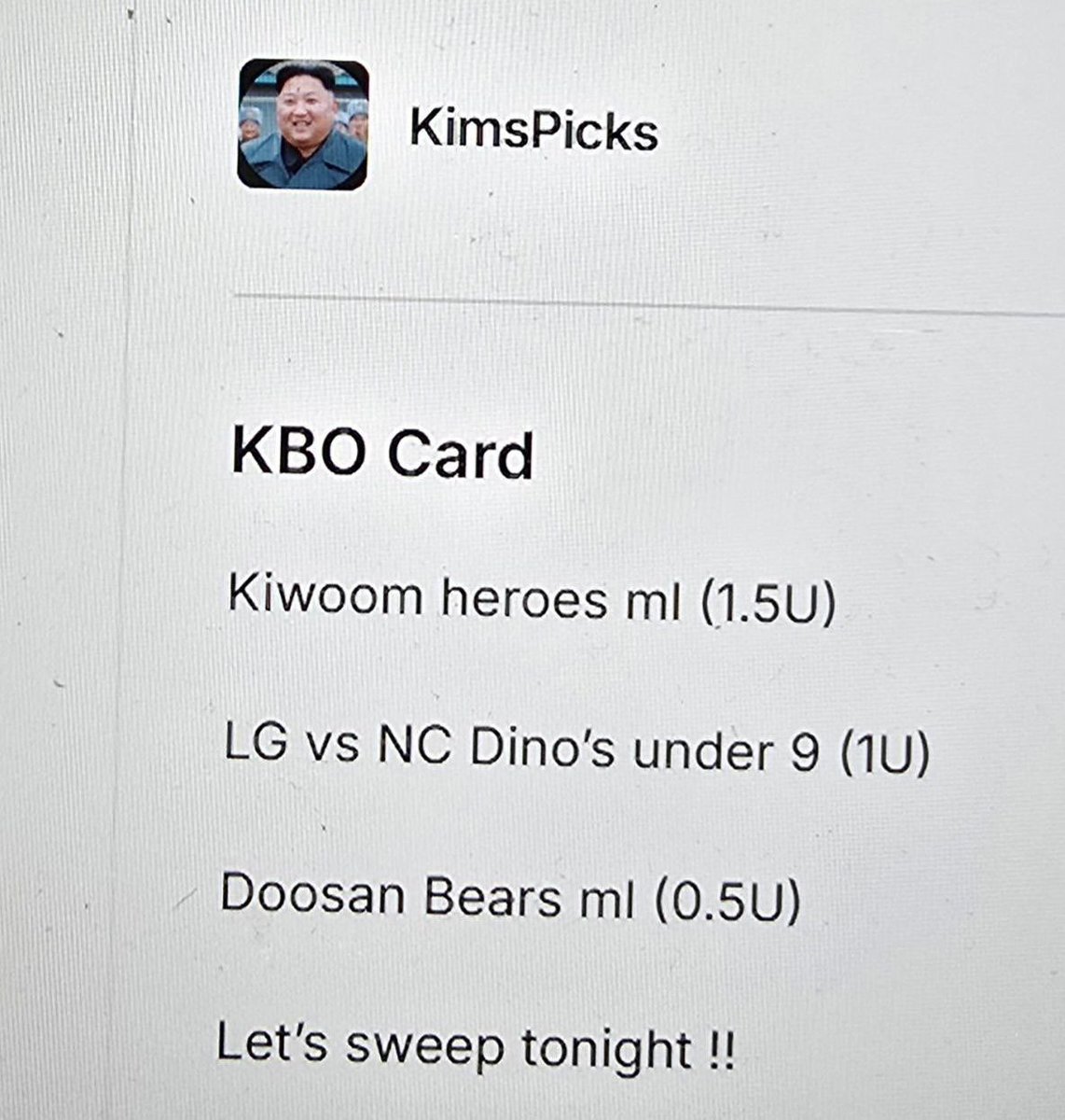 allcappersfreee's tweet photo. #KBO ⚾️
Overnight plays🔥
#kimsvip
#bankrollbill
#dirtybubblebets
#A11bets https://t.co/FDxJoIjaAh
