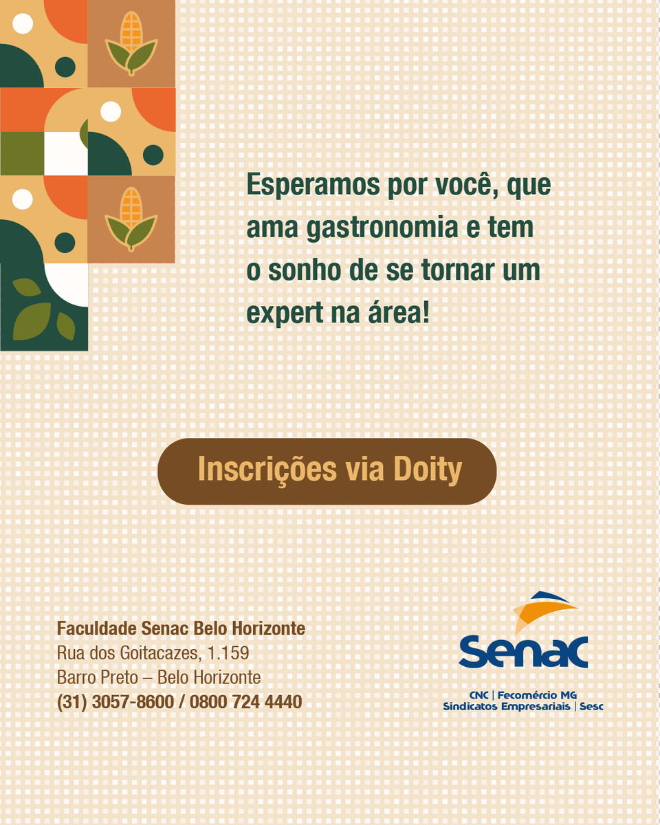 Você ama #Gastronomia? Então não perca a Trilha da Gastronomia da Faculdade Senac em Minas - BH! Será um evento gratuito e delicioso que vai te aproximar do universo da nossa Graduação em Gastronomia! 🍴

↪️ Confira as ações e inscreva=se: doity.com.br/trilha-da-gast…