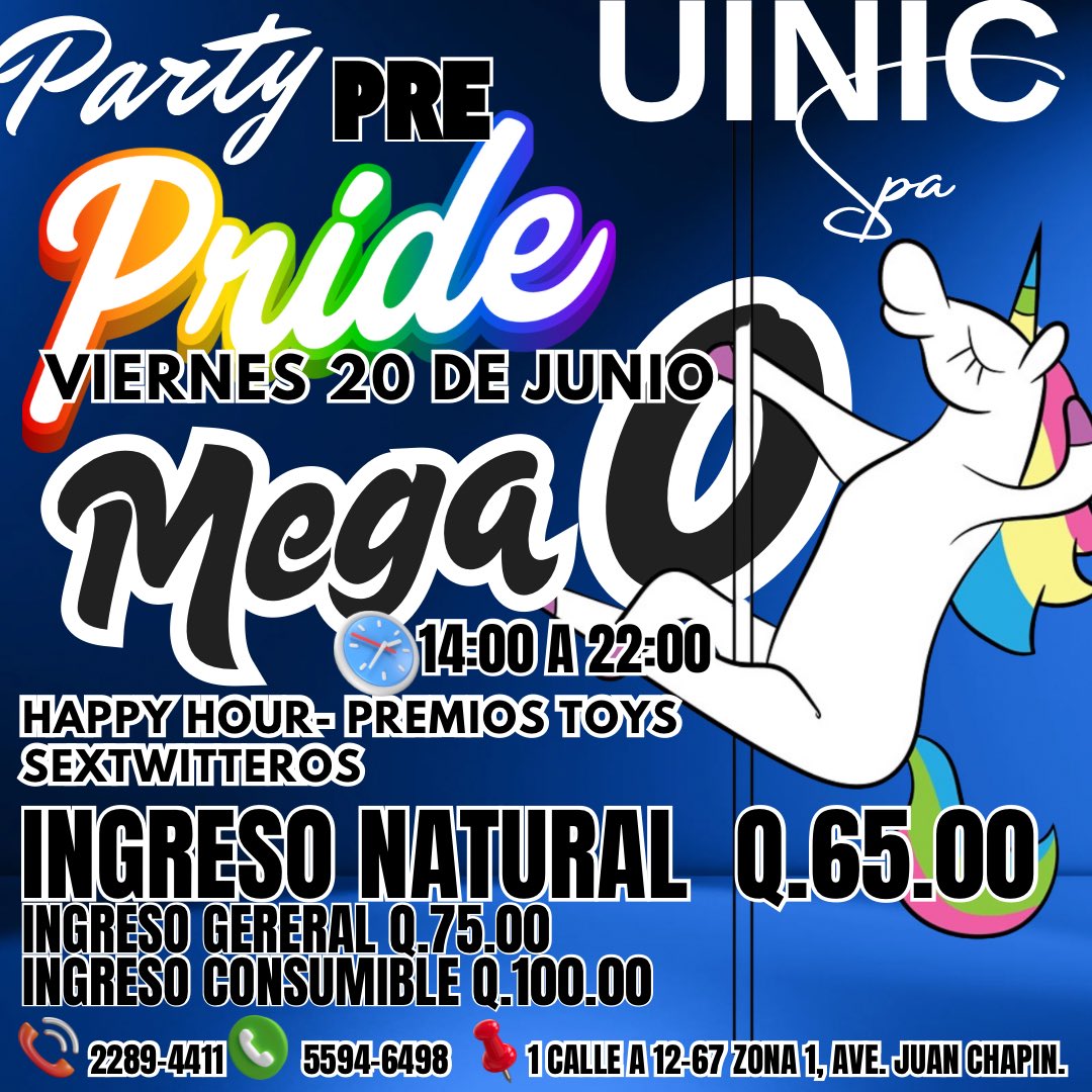 uinic3's tweet photo. UINIC SPA 
VIERNES 20 JUNIO 
⏰14:00 a 22:00

DIVERSIÓN GARANTIZADA🎉
❤️🧡💛💙💚💜

PARTY PRE-PRIDE
MEGA - O
MASAJE 50%

Ingreso Natural Q65.00
Ingreso General Q.75.00
Ingreso Consumible Q.100.00
Cerveza o Coctel 

Te esperamos https://t.co/RtHjUnQoow