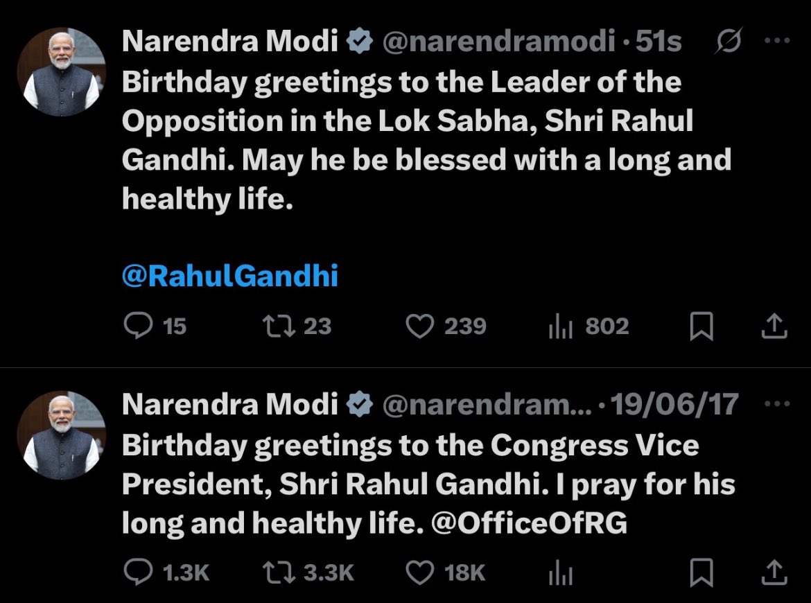 It took Narendra Modi 8 years to wish Rahul Gandhi on his birthday again.

This is  power of  240 seats.
RaGa is Leader of Opposition now 🔥