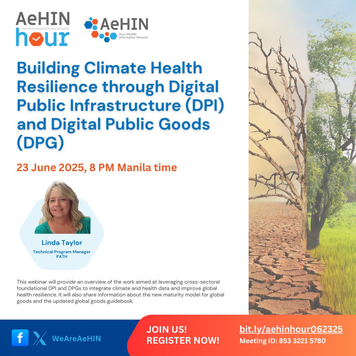Asia eHealth Information Network (@weareaehin) on Twitter photo โจ We have a special schedule for AeHIN Hour next week!
Join us on ๐ ๐ผ๐ป๐ฑ๐ฎ๐, ๐๐๐ป๐ฒ ๐ฎ๐ฏ, ๐ฎ๐ ๐ด:๐ฌ๐ฌ ๐ฃ๐ ๐จ๐ง๐+๐ด, where we will discuss climate health, Digital Public Infrastructure (DPI), and Digital Public Goods (DPG).
Register at bit.ly/aehinhour062325. ๐ โจ We have a special schedule for AeHIN Hour next week!
Join us on ๐ ๐ผ๐ป๐ฑ๐ฎ๐, ๐๐๐ป๐ฒ ๐ฎ๐ฏ, ๐ฎ๐ ๐ด:๐ฌ๐ฌ ๐ฃ๐ ๐จ๐ง๐+๐ด, where we will discuss climate health, Digital Public Infrastructure (DPI), and Digital Public Goods (DPG).
Register at bit.ly/aehinhour062325. ๐
