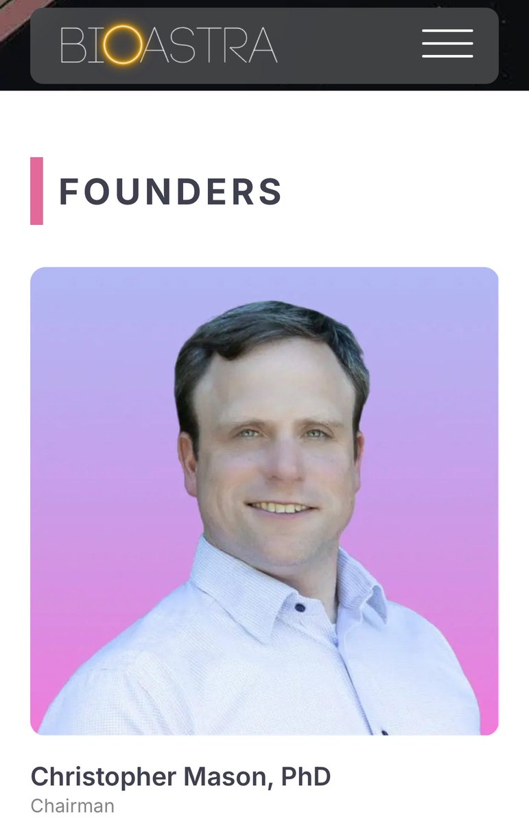 freedomislethal's tweet photo. The founder of BioAstra is Dr. Chris Mason of Racine WI, brother to Cory Mason, mayor of Racine.
Advisors include George Church who accepted donations from Epstein at his Harvard lab &amp; Esther Dyson who traveled to Russia with Epstein. #WTHisRacine 

https://t.co/5Ydq76felc https://t.co/gfbdzr8nMu