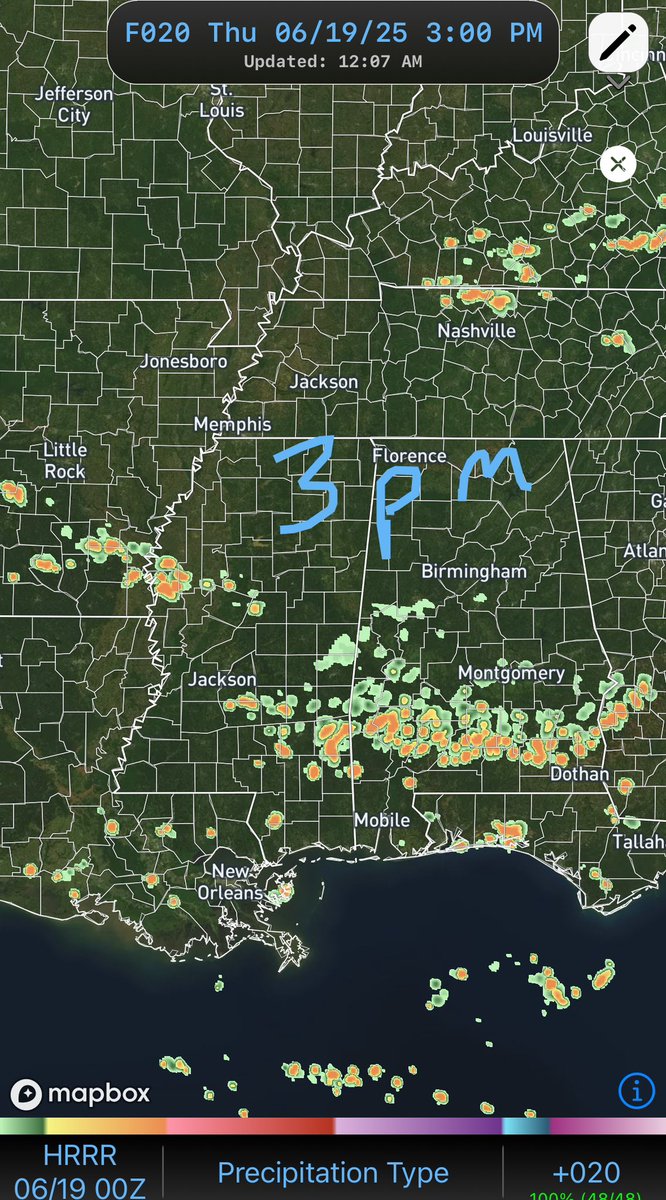 Midnight view of the developing showers and thunderstorms that look to roll across the Wiregrass later Thursday afternoon. We could see some heavy downpours and gusty winds, so don’t forget the rain gear!