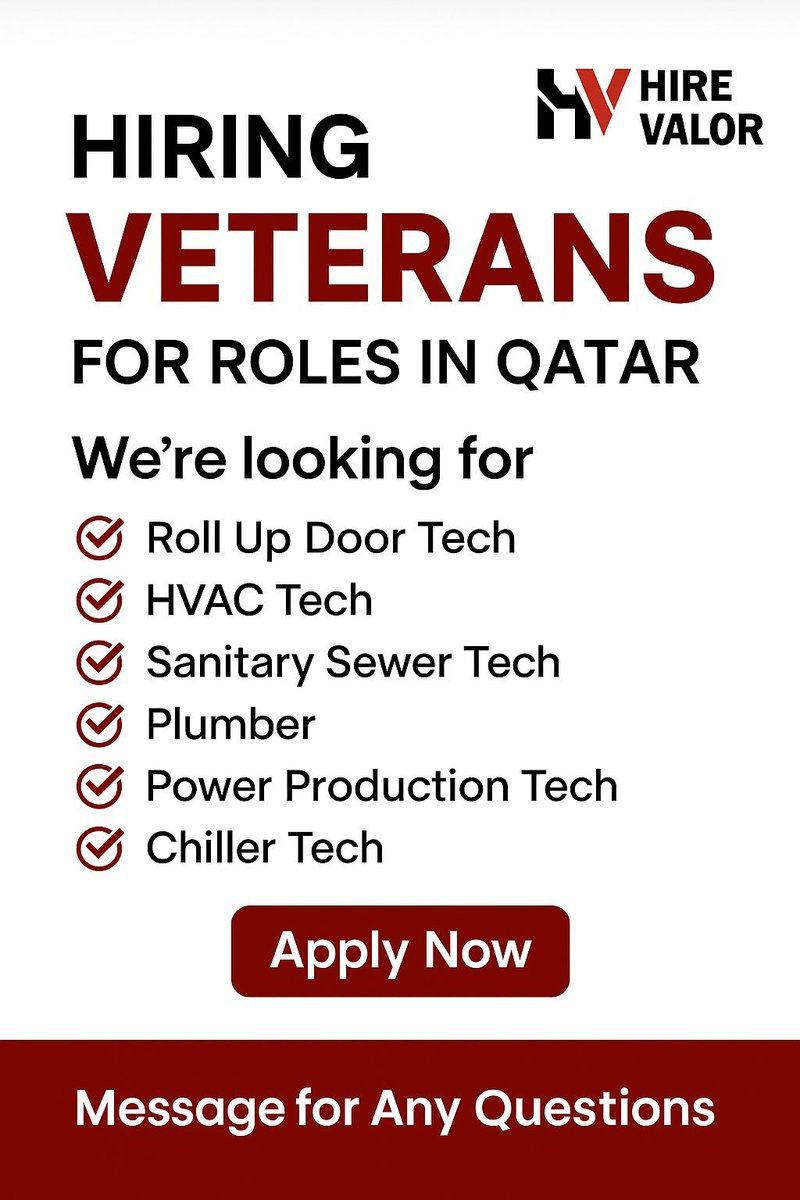 ResumeMilitary's tweet photo. Most jobs offer paychecks, few offer reinvention. Qatar builds fast, pays tax-free, and rewards execution. We’re hiring veterans for roles like Roll-Up Door Tech, HVAC Tech, and more. Real work, real opportunity, real change. 📩 Message to learn more. #veterans #jobs #Qatar https://t.co/oSf5L4TYYU