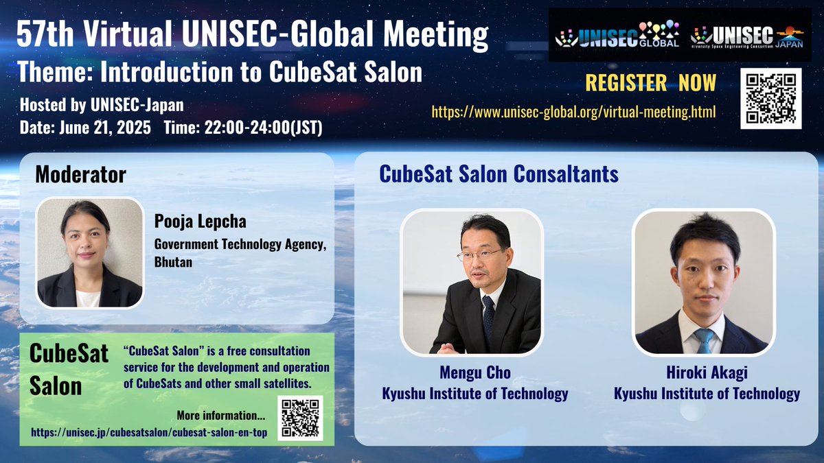 🛰️We are excited to invite you to join us for the upcoming the 57th Virtual UNISEC-Global Meeting! 

Date: June 21, 2025
Time: 22:00 - 24:00 (JST) 
Theme: Introduction to CubeSat Salon 

Please register here:
unisec-global.org/virtual-meetin…

We look forward to your participation!