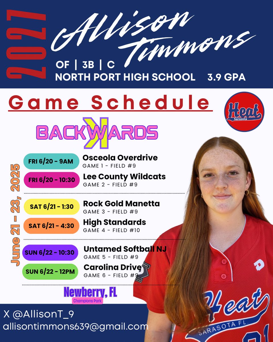Allison Timmons (@allisont_9) on Twitter photo Cant wait to attend the Backwards K Camp and showcase this week in Newberry FL!! <a href="/SarasotaHeat18U/">Sarasota Heat Dover</a> <a href="/BackwardsKJax/">Backwards K Softball</a> <a href="/USFSoftball/">USF Softball</a> <a href="/FIUSoftball/">FIU Softball</a> <a href="/fswsoftball/">FSW Softball</a> <a href="/DSCSoftball/">DSC Softball</a> <a href="/SCFSoftball/">SCF Softball</a> <a href="/FloridaTechSB/">Florida Tech Softball</a> Cant wait to attend the Backwards K Camp and showcase this week in Newberry FL!! <a href="/SarasotaHeat18U/">Sarasota Heat Dover</a> <a href="/BackwardsKJax/">Backwards K Softball</a> <a href="/USFSoftball/">USF Softball</a> <a href="/FIUSoftball/">FIU Softball</a> <a href="/fswsoftball/">FSW Softball</a> <a href="/DSCSoftball/">DSC Softball</a> <a href="/SCFSoftball/">SCF Softball</a> <a href="/FloridaTechSB/">Florida Tech Softball</a>