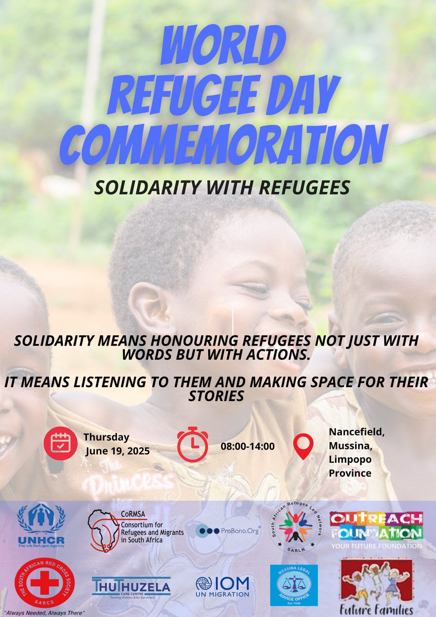 CoRMSA (@cormsa) on Twitter photo We are in Mussina, Limpopo Province today commemorating #WorldRefugeeDay2025 under the theme #SolidaritywithRefugees
<a href="/Refugees/">UNHCR, the UN Refugee Agency</a> <a href="/SARefugee_Led/">South African Refugee-Led Network (SARLN)</a> <a href="/UNmigration/">IOM - UN Migration 🇺🇳</a> <a href="/RedcrossSa/">The South African Red Cross Society (SARCS)</a> <a href="/Probono_Org/">ProBono.Org</a> We are in Mussina, Limpopo Province today commemorating #WorldRefugeeDay2025 under the theme #SolidaritywithRefugees
<a href="/Refugees/">UNHCR, the UN Refugee Agency</a> <a href="/SARefugee_Led/">South African Refugee-Led Network (SARLN)</a> <a href="/UNmigration/">IOM - UN Migration 🇺🇳</a> <a href="/RedcrossSa/">The South African Red Cross Society (SARCS)</a> <a href="/Probono_Org/">ProBono.Org</a>