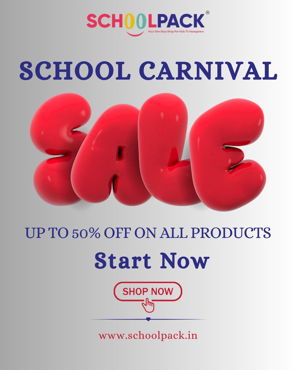 Schoolpack01's tweet image. 🎉 The wait is over! SCHOOL CARNIVAL SALE is LIVE 🎒
Enjoy up to 50% OFF on all products – from trendy fashion to fun stationery, toys &amp;amp; more!
✨ Hurry, grab the best deals now!
🛍️ Tap “Shop Now” or visit schoolpack.in
#SchoolCarnivalSale #Schoolpack #BackToSchoolDeals