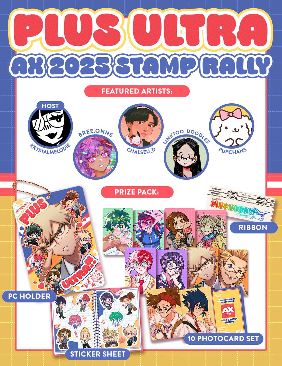✨️⭐️ANIME EXPO PLUS ULTRA STAMP RALLY!!!⭐️✨️

[1/2] Excited to finally reveal this!!! 😁 I've had the pleasure to work with these amazing artists to bring together this fun rally and exclusive prize pack for those who finish it! ⬇️ #AX2025ArtistAlley #AX2025 #stamprally #mha