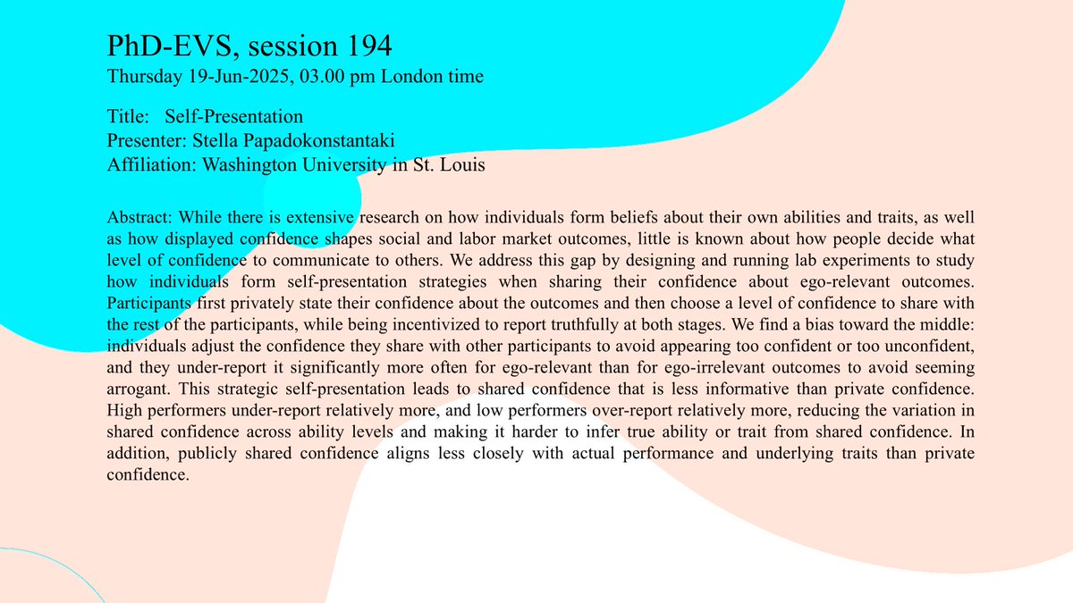 Join us this Thursday (19 Jun). Stella Papadokonstantaki, from Washington University in St. Louis, will present her paper, "Self-Presentation." 

Register: sites.google.com/view/phd-evs20…

#individualsBeliefs #Communication