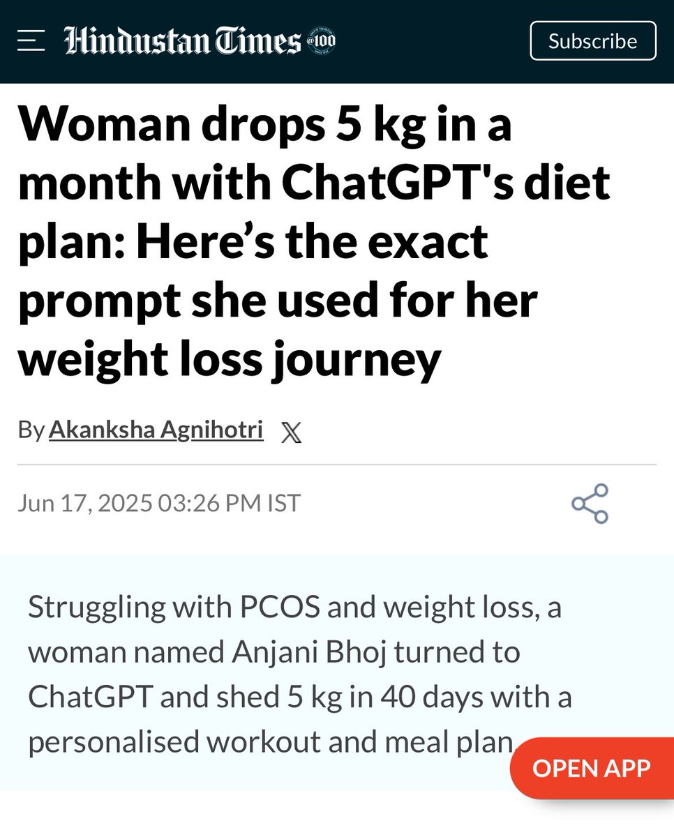 This person used <a href="/ChatGPT/">ChatGPT</a> for a 30-day meal plan and lost 5 kg (11lbs) in 40 days. Consumers are already trusting AI with health decisions

Her one prompt:

Act as a certified dietitian.
Indian vegetarian meals, 1,500 kcal/day.
Weekly grocery list, nothing fancy.