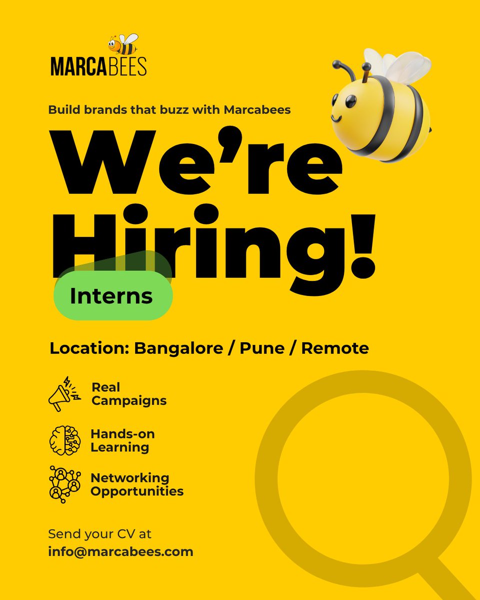 marcabees's tweet image. 🚨 We’re hiring interns!
📍 Location: Bangalore / Pune / Remote
🎯 Role: Social Media Marketing Intern

Apply now → info@marcabees.com
#InternshipAlert #SocialMediaIntern #MarcabeesHiring #MarketingJobsIndia