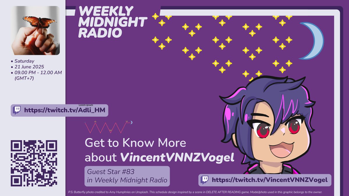 Hello, I am currently streaming Weekly Midnight Radio - Ep 89 at twitch.tv/Adli_HM, with Guest Star #83, <a href="/VNNZ16/">VINCENT VNNZ VOGEL 🤖 🩷 🤖『LUST』</a>. Feel free to tune in, ask questions, request songs, join the discussion, or listen to this session :)) Thx 💙