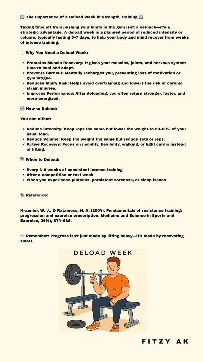 fitzy_ak's tweet image. 💬 Remember: Progress isn’t just made by lifting heavy—it’s made by recovering smart.

#DeloadWeek #StrengthTraining #RecoveryMatters #SmartTraining #GymTips #FitnessScience #RestAndGrow #FitProfessionals #ExercisePhysiology #LinkedInFitness