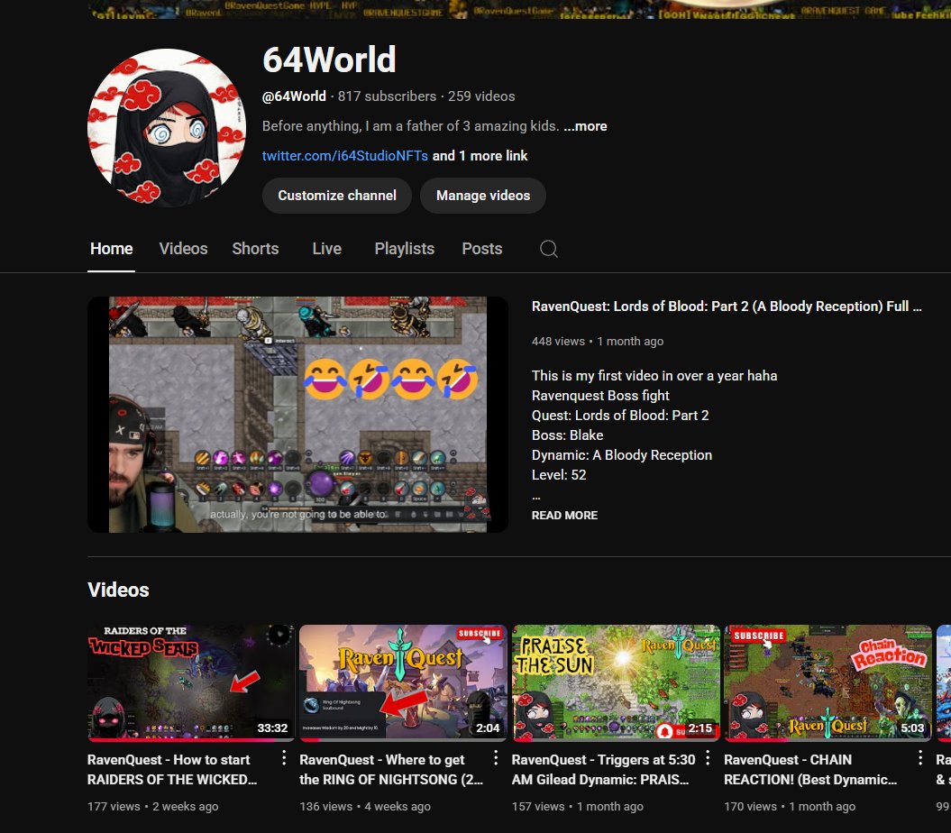 64World | OSG 🎒 (@i64studionfts) on Twitter photo My YouTube is up MASSIVELY. 👀
+420% on views
+686% on impressions
This is fully due to locking in on <a href="/RavenQuestGame/">RavenQuest</a> content & uploading fire guides/walkthroughs ect ect
I will be back to uploading RQ content daily this week!
Also the <a href="/RavenQuestGame/">RavenQuest</a> streams kick back off in a My YouTube is up MASSIVELY. 👀
+420% on views
+686% on impressions
This is fully due to locking in on <a href="/RavenQuestGame/">RavenQuest</a> content & uploading fire guides/walkthroughs ect ect
I will be back to uploading RQ content daily this week!
Also the <a href="/RavenQuestGame/">RavenQuest</a> streams kick back off in a