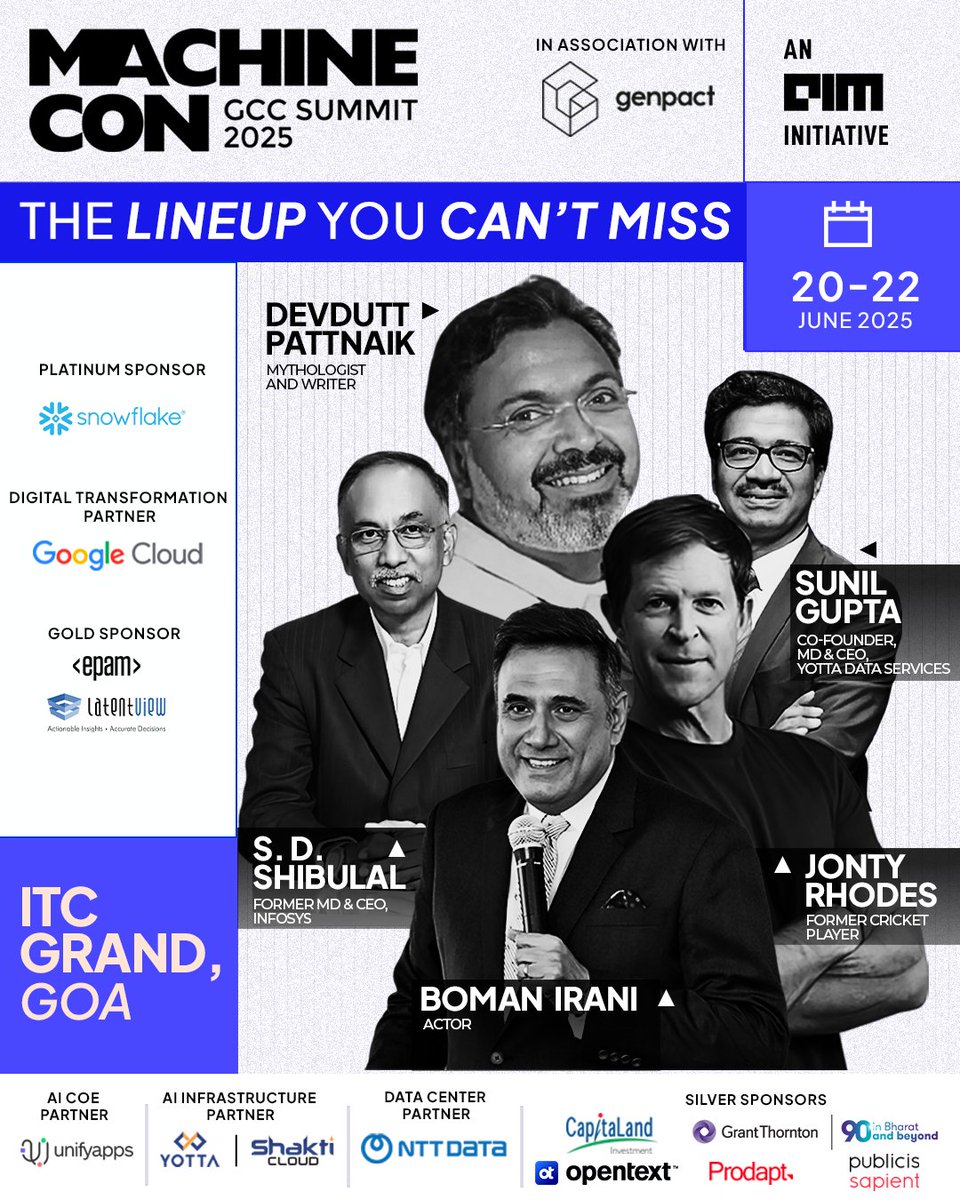 Analyticsindiam's tweet image. The stage is set. The legends are here.

From decoding mythology to revolutionizing tech, this is the lineup that’s redefining leadership.

@bomanirani | @JontyRhodes8 | @devduttmyth | S.D. Shibulal | @sunil1701  at MachineCon GCC Summit 2025

See you tomorrow! 👋
#MachineCon2025…