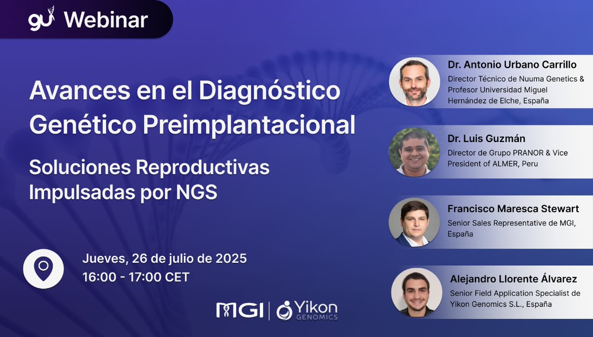 Webinar: Preimplantation Genetic Testing Powered by NGS. 
In this session, we’ll explore the complete PGT workflow using MGI’s NGS sequencing platforms, Yikon Genomics panels for PGS, PGT-A, and PGT-SR, and clinical perspectives from IVF experts. 
vimeo.com/event/5204728