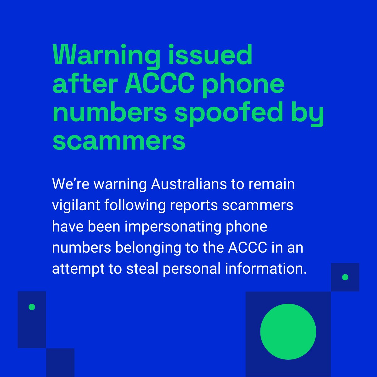 We've become aware of scammers using publicly available <a href="/acccgovau/">ACCC</a> phone numbers in an attempt to steal personal information. 
Share this message to warn others about the scam and encourage them to report scams to Scamwatch. nasc.gov.au/news/warning-i…