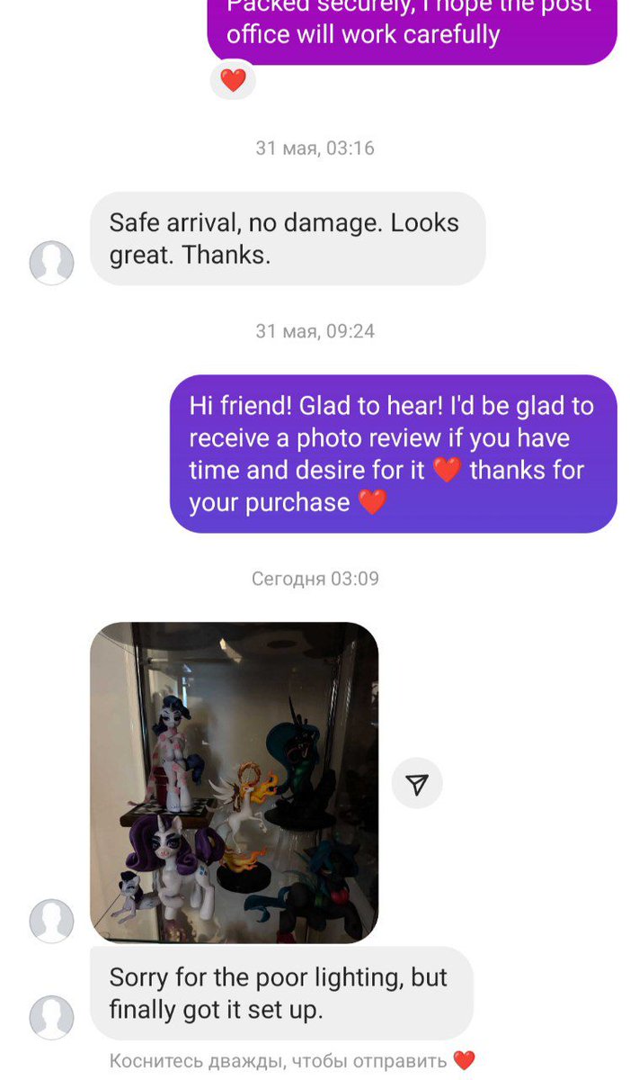 🤩I received a review from a Rarity buyer today!
My girl now lives in the States on a shelf with other beauties 💜💜💜

#Review #mlp #mylittlepony #mlpfanart #mlpfandom #handmade #Rarity #craft #polimerclay #clay #clayfigure #pony #ponylove #рарити #рэрити #пони #ручнаяработа