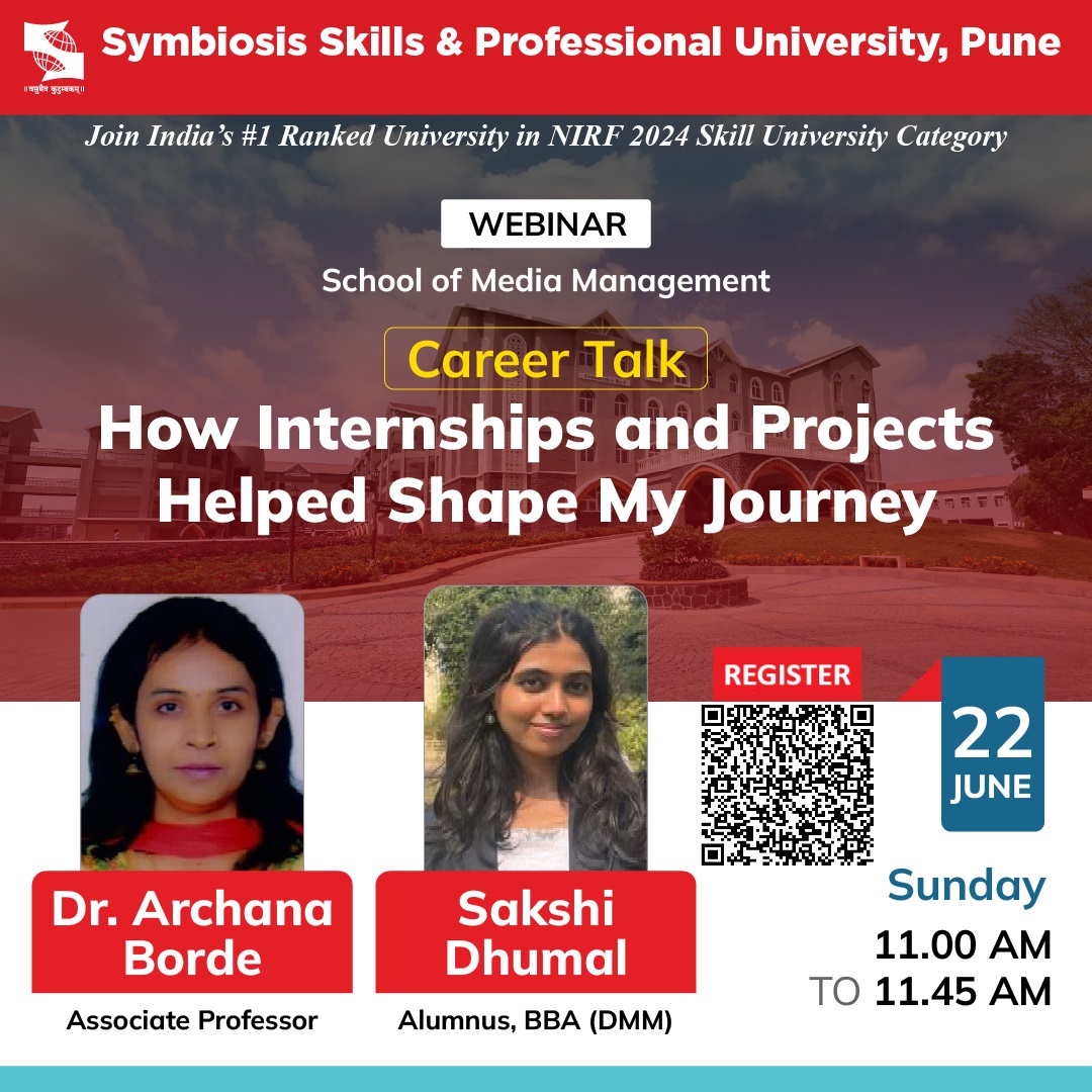 Career Talk | How Internships and Projects Helped Shape My JourneyReal stories. Real strategies. Real impact.
Join us for an inspiring session hosted by the School of Media Management, SSPU, as we explore how internships and hands-on projects can shape meaningful career paths
