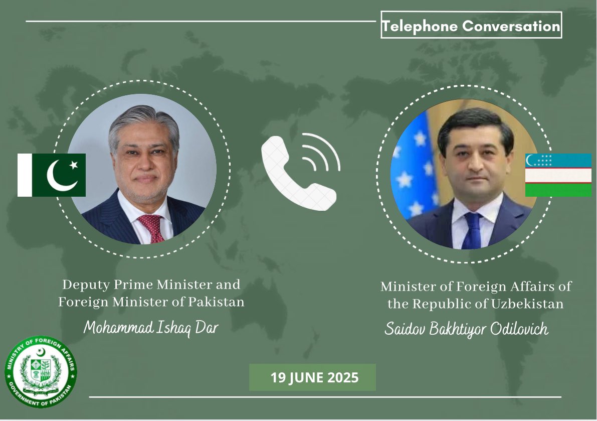 Deputy Prime Minister/Foreign Minister, Senator Mohammad Ishaq Dar <a href="/MIshaqDar50/">Ishaq Dar</a>, held a telephone conversation with the Foreign Minister of Uzbekistan, Bakhtiyor Saidov <a href="/FM_Saidov/">Bakhtiyor Saidov 🇺🇿</a>.

The two leaders discussed a range of bilateral and regional matters of mutual interest. They