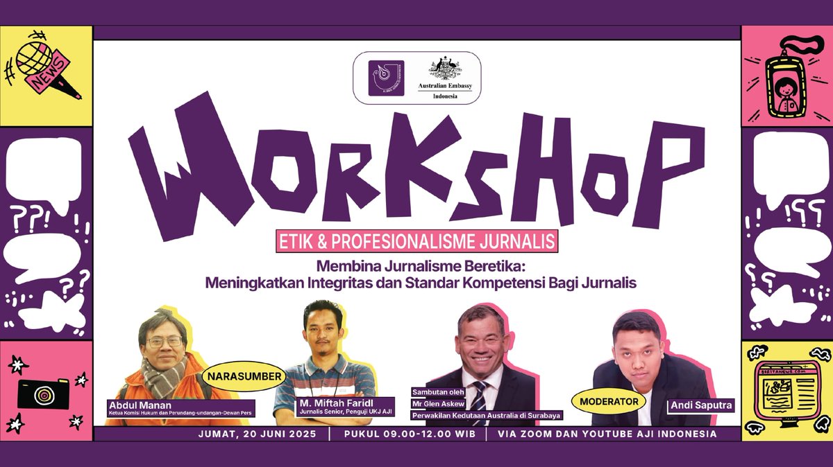 AJI Indonesia didukung Kedutaan Besar Australia, Jakarta akan menggelar Workshop Etik &amp; Profesionalisme Jurnalis di kota Jember

Workshop Etik &amp; Profesionalisme Jurnalis akan berlangsung pd Jumat, 20 Juni 2025 pk 9-12 WIB. 

Saksikan via YouTube AJI Indonesia.

Info 0811-1137-820