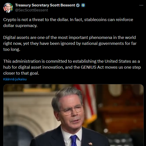 Olisitko uskonut vielä 12 kk sitten, että USA:n valtiovarainministeri puhuu näin kryptovaluutoista?

"Digital assets are one of the most important phenomena in the world right now, yet they have been ignored by national governments for far too long."