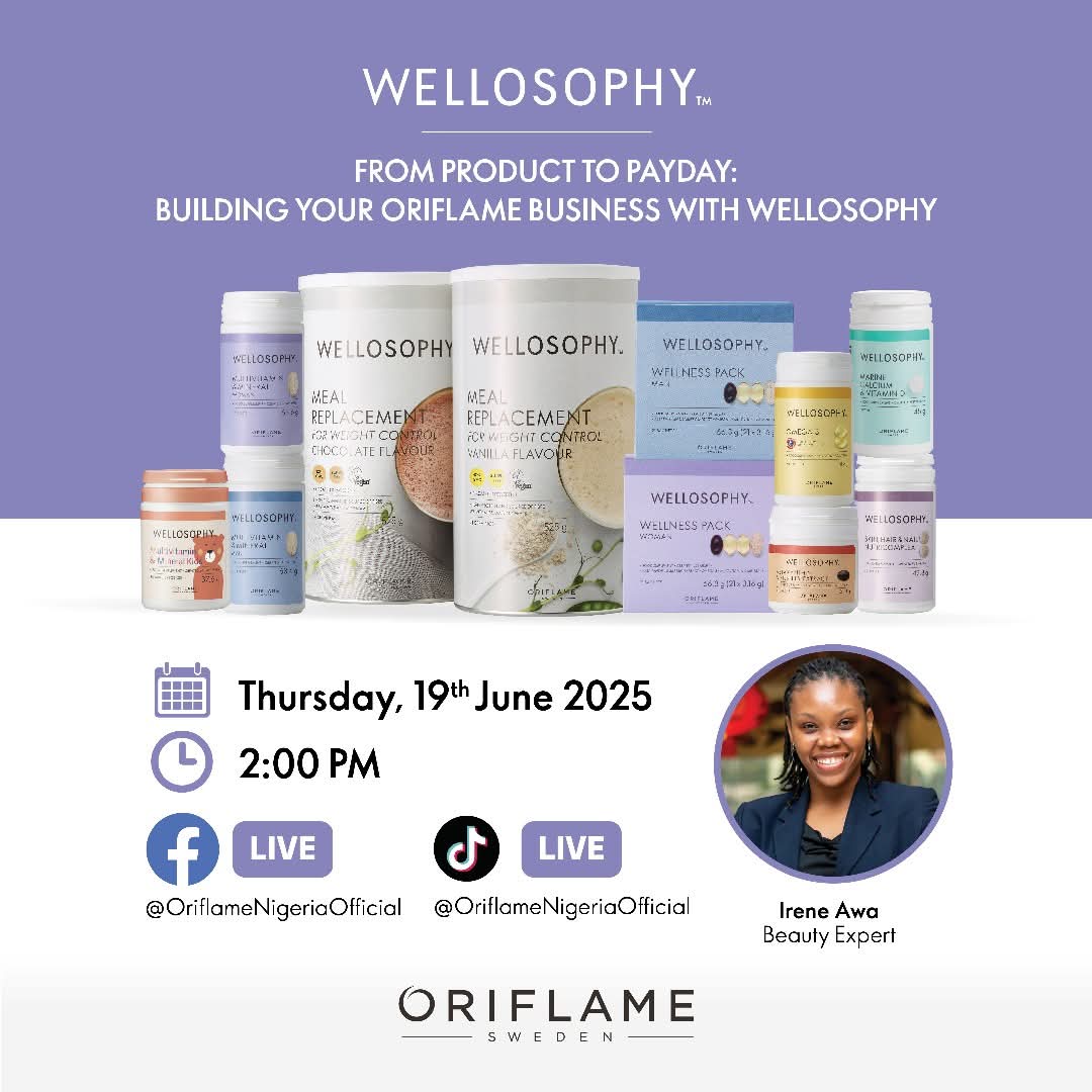 ifygoodthing's tweet image. From Product to Payday! Join Irene Awa tomorrow in discussing "Building Your Oriflame Business with Wellosophy"

Date: Thursday, 19th June 2025
Time: 2:00PM
Channel: Facebook and TikTok Live @OriflameNigeriaOfficial

#Oriflame #Wellosophy