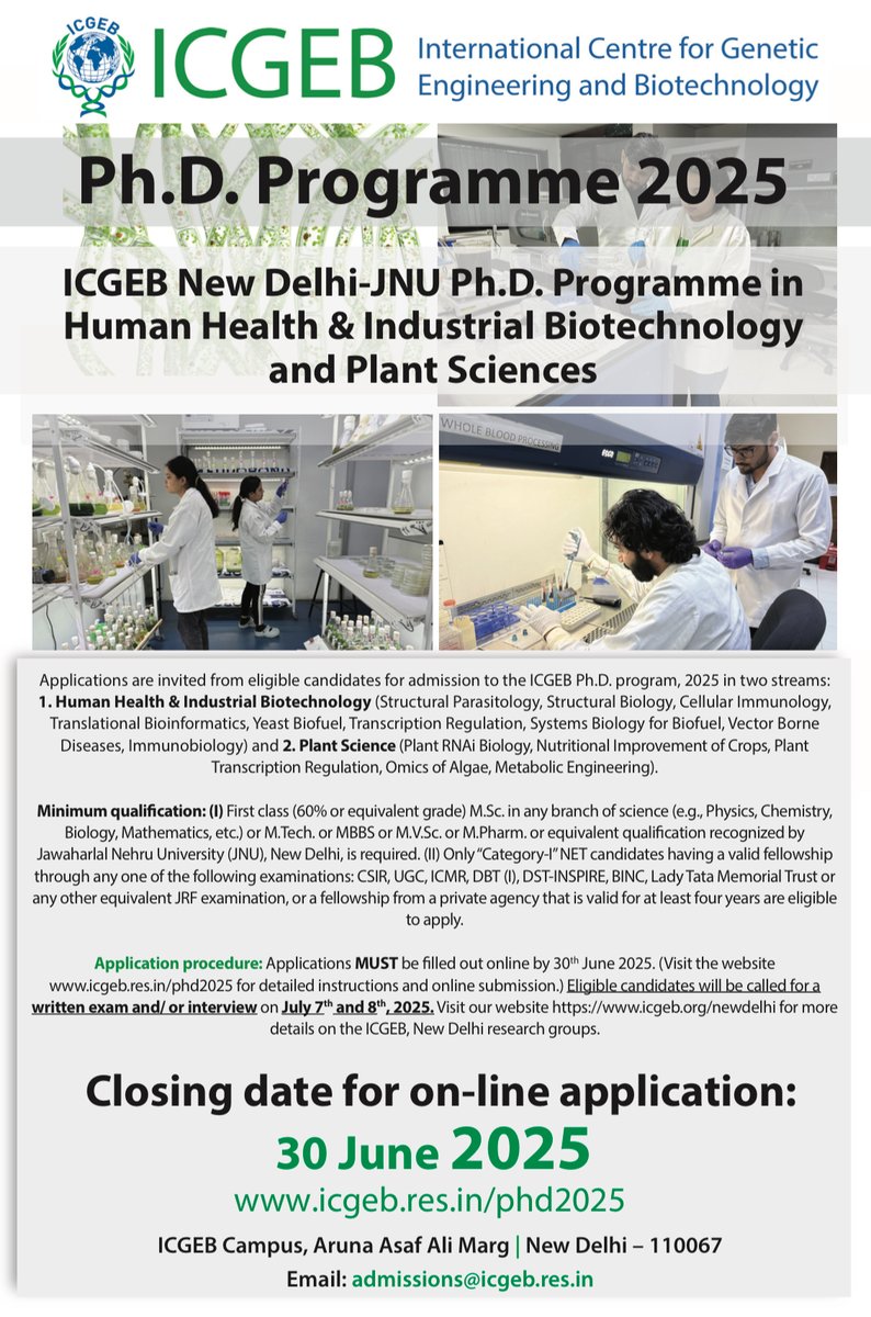 ICGEB, New Delhi (@icgebnewdelhi) on Twitter photo Kick-start your career in Life Sciences & Biotechnology at <a href="/ICGEBNewDelhi/">ICGEB, New Delhi</a> !
Join our cutting-edge #PhD programmes in:
🔬 Human Health & Industrial Biotechnology
🌱 Plant Sciences
Be part of world-class research and innovation ecosystem.
Learn more & apply: icgeb.res.in/phd2025/ Kick-start your career in Life Sciences & Biotechnology at <a href="/ICGEBNewDelhi/">ICGEB, New Delhi</a> !
Join our cutting-edge #PhD programmes in:
🔬 Human Health & Industrial Biotechnology
🌱 Plant Sciences
Be part of world-class research and innovation ecosystem.
Learn more & apply: icgeb.res.in/phd2025/