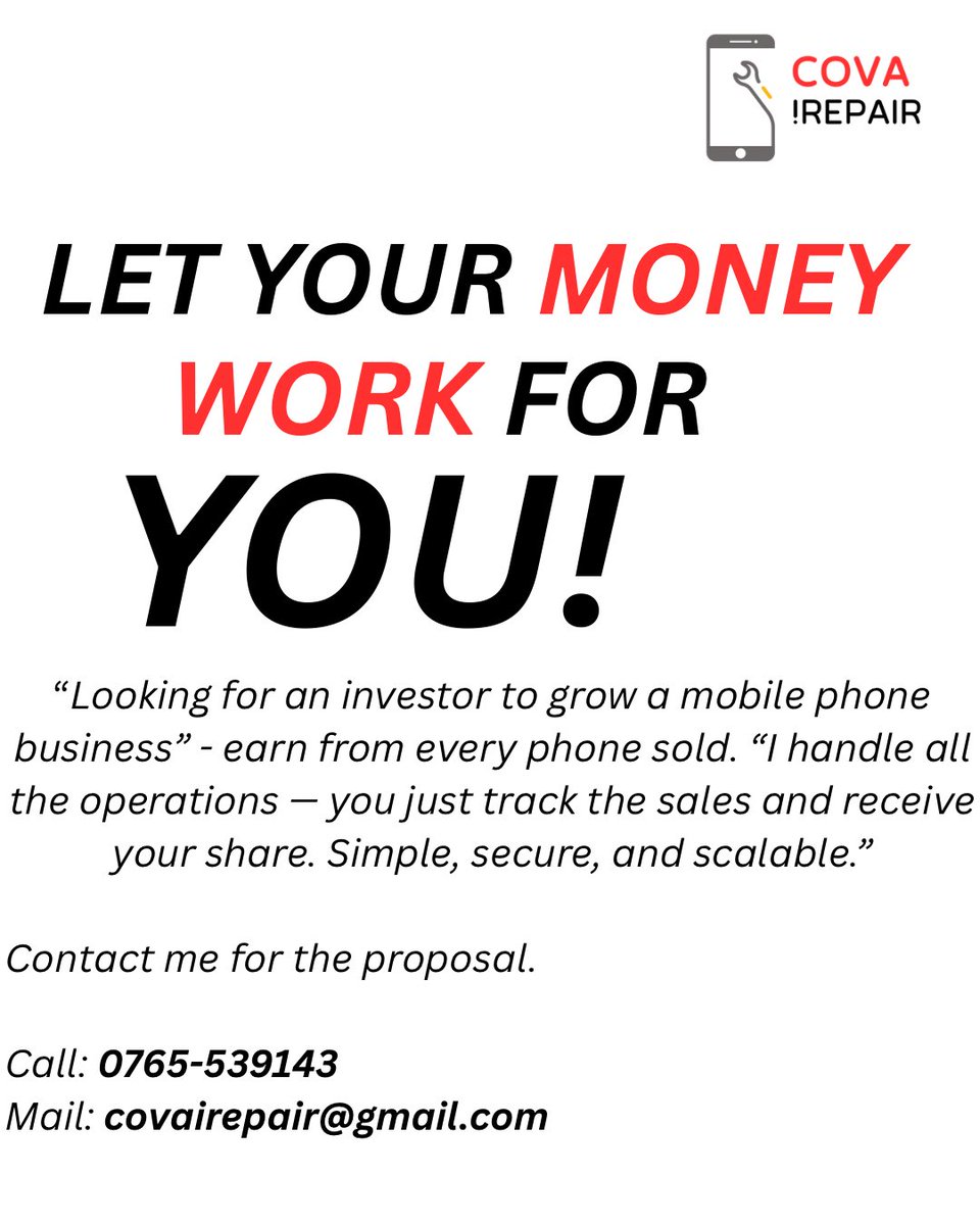 “Your investment is protected-you earn directly from each phone sold with full transparency. No waiting, no guesswork. Every sale means instant profit for you. Low risk, high accountability.”

Would you be interested in hearing more or seeing my plan?”