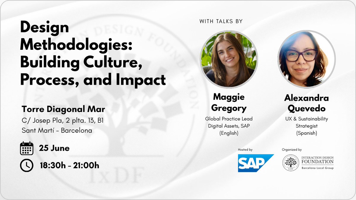 🚨 Just 1 week to go!
#IxDFBarcelona returns with a live event at SAP on June 25 🗓️
Talks by Maggie Gregory (SAP) &amp; Alexandra Quevedo <a href="/vozdevos/">Alexandra Quevedo</a> on how design methods shape teams, culture &amp; impact.

📍 Barcelona | 💬 UX + Product pros
🔗 bit.ly/DesignMethodol…

#UXDesign