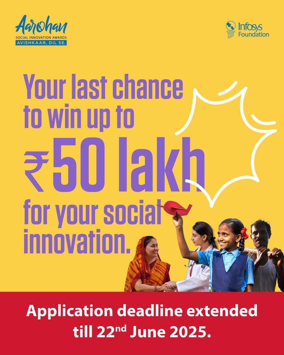 Still haven't completed and submitted your application? We've extended the deadline one time only, hurry! Apply now: infy.com/3ZtDYu5

#InfosysFoundation #AarohanAwards #SocialInnovation #Education #Healthcare #EnvironmentalSustainability