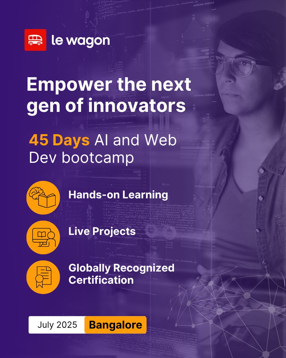 lewagonindia's tweet photo. Whether you're building tech or investing in it, Le Wagon’s 45-Day AI &amp; Web Dev Bootcamp is your gateway to deeper understanding.
 
💻 Hands-on Learning
🌐 Live Projects
📜 Globally Recognized Certification https://t.co/IbVabR9W0B