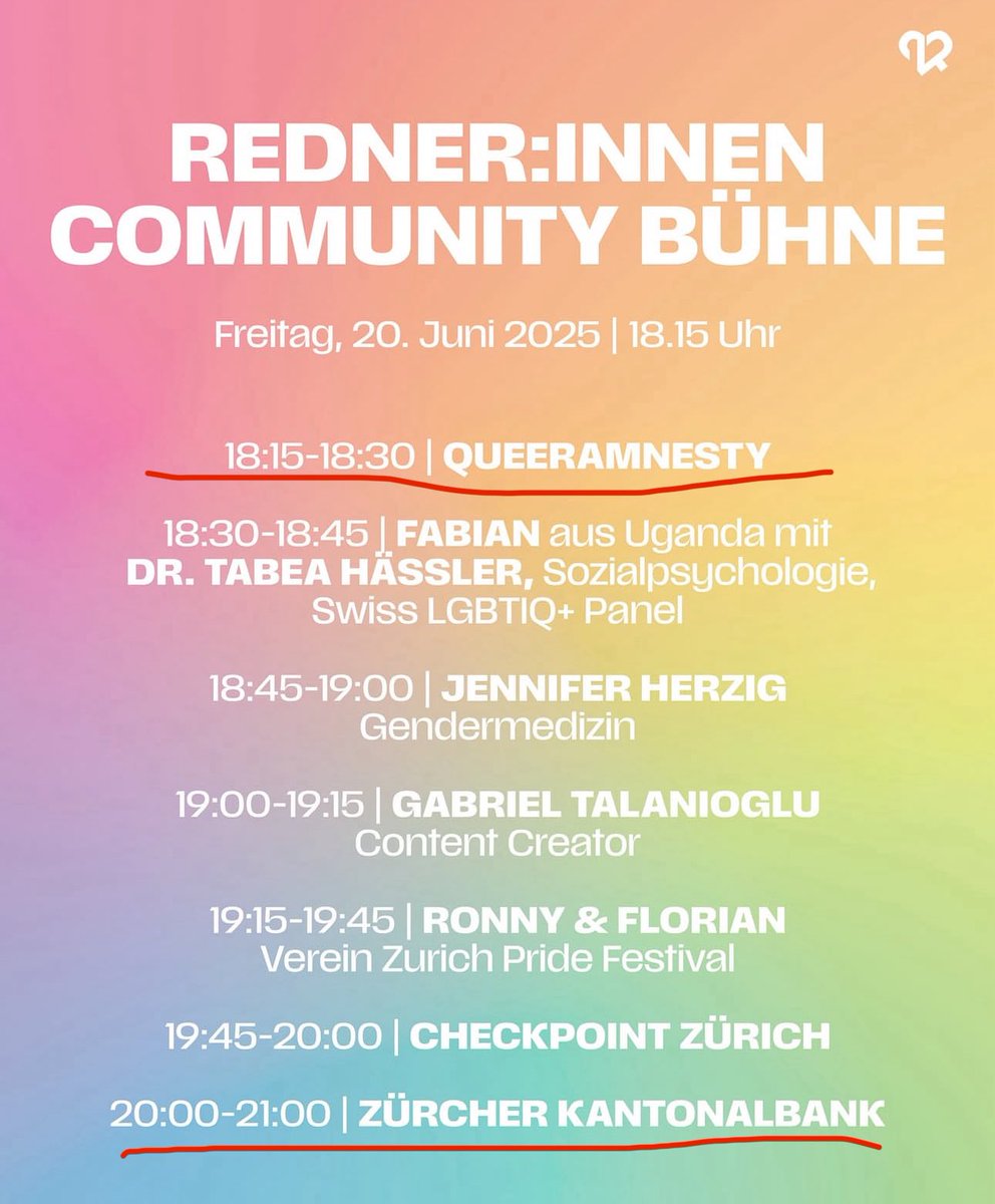 Подавал заявку на речь на Community Stage в рамках фестиваля Zurich Pride. Подавал в день анонса, неделю назад. Вчера ответили, что сорян, мест нет. Сегодня опубликовали расписание выступлений. 15 минут на правозащитников и целый блять час для банка. Ясно, почему нет мест. Супер!