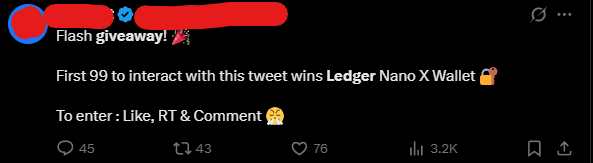 PixBuilds's tweet photo. Insane story:

> someone spun up dozens of fake X crypto accounts
> all giving away “free Ledger wallets”
> actually shipped them out
> sealed boxes, legit packaging
> but pre-hacked firmware inside
> wallet gets drained if you deposit >$500
> $58K+ stolen so far
> all from people thinking they got lucky
> most giveaway accounts got suspended this week (new ones will likely re-appear soon)
> next time you see a giveaway… you know
> and if you get a cold wallet from anywhere but the official site
that’s on you

web3 IQ test