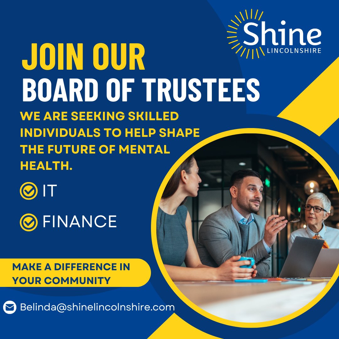 Shine Lincolnshire (@shine_lincoln) on Twitter photo Are you passionate about mental health and wellbeing and ready to make a difference? We’re recruiting Trustees with expertise in:
💻 IT
🔢 FINANCE
Learn more 👉tinyurl.com/BecomeShineTru…
📧 Apply by emailing Belinda@shinelincolnshire.com
#LincsConnect #MakeADifference Are you passionate about mental health and wellbeing and ready to make a difference? We’re recruiting Trustees with expertise in:
💻 IT
🔢 FINANCE
Learn more 👉tinyurl.com/BecomeShineTru…
📧 Apply by emailing Belinda@shinelincolnshire.com
#LincsConnect #MakeADifference