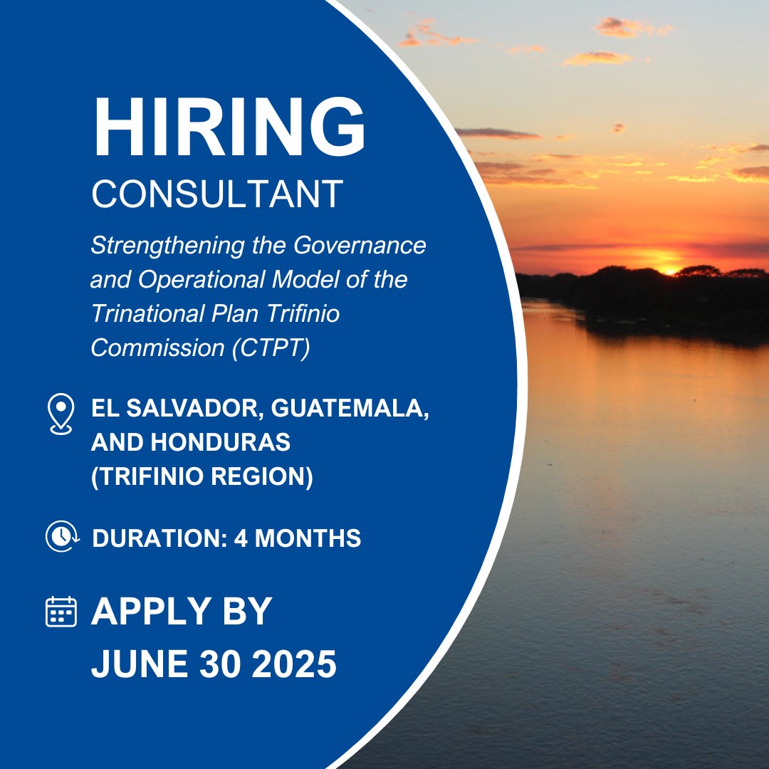 GEF IW:LEARN (@iwlearn) on Twitter photo #HIRING
The initiative “Fostering Water Security in the Trifinio Region: Formulating a TDA/SAP for the Transboundary Lempa River Basin”, is inviting consulting firms to apply for the following opportunity:
📎 Terms of Reference: loom.ly/5JuI81o
<a href="/Plan_Trifinio/">Plan Trifinio</a> #HIRING
The initiative “Fostering Water Security in the Trifinio Region: Formulating a TDA/SAP for the Transboundary Lempa River Basin”, is inviting consulting firms to apply for the following opportunity:
📎 Terms of Reference: loom.ly/5JuI81o
<a href="/Plan_Trifinio/">Plan Trifinio</a>