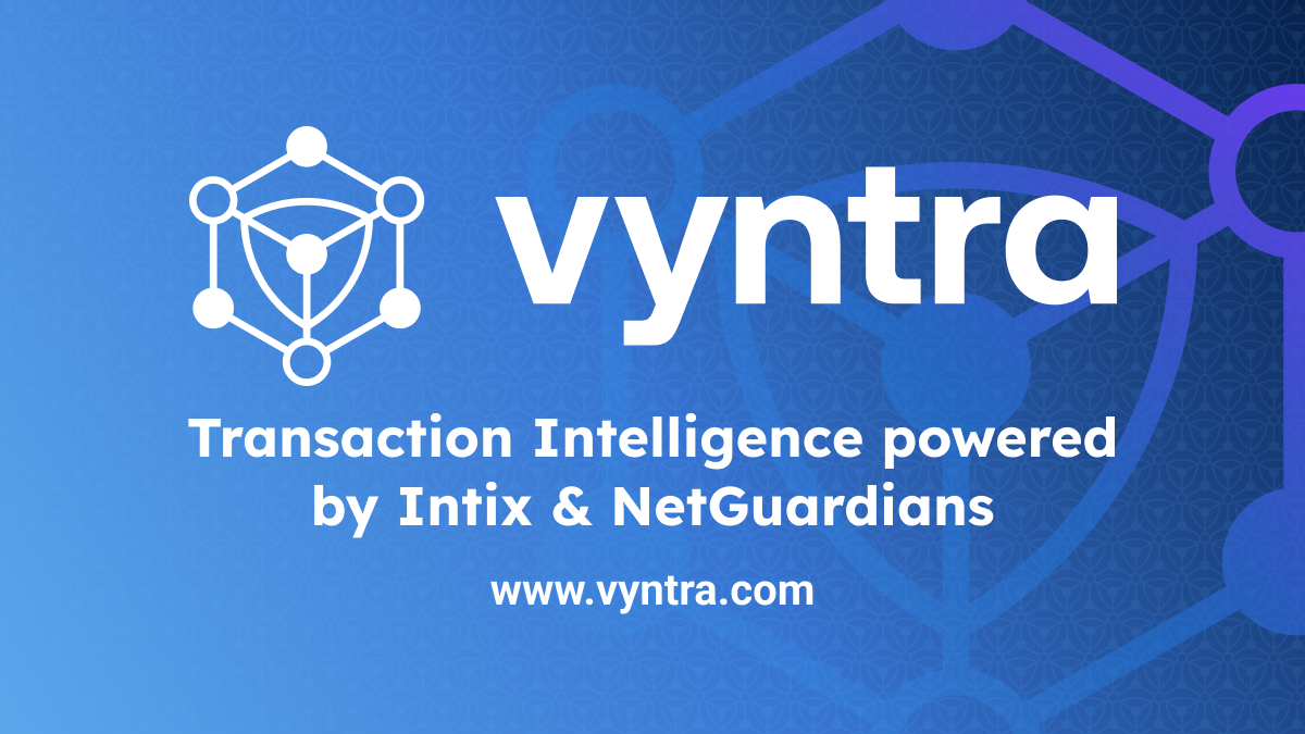 Big news in FinCrime &amp; Transaction Tech 

NetGuardians + Intix = Vyntra
One powerful new force in observability + fraud &amp; AML prevention.

Same teams. Bigger vision.
New name. New site.

hubs.la/Q03sFS8x0

#Vyntra #FinCrimePrevention #TransactionObservability