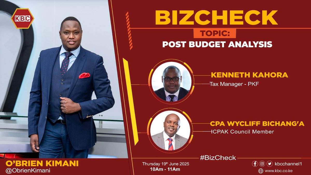 ICPAK (@icpak_kenya) on Twitter photo Tune in on <a href="/KBCChannel1/">KBC Channel 1 News</a> for the Post Budget Analysis with CPA <a href="/CPABichanga/">CPA Wycliff Bichang'a</a>, ICPAK Council Member.
<a href="/obrienkimani/">O'Brien 🇰🇪</a> ^CA Tune in on <a href="/KBCChannel1/">KBC Channel 1 News</a> for the Post Budget Analysis with CPA <a href="/CPABichanga/">CPA Wycliff Bichang'a</a>, ICPAK Council Member.
<a href="/obrienkimani/">O'Brien 🇰🇪</a> ^CA