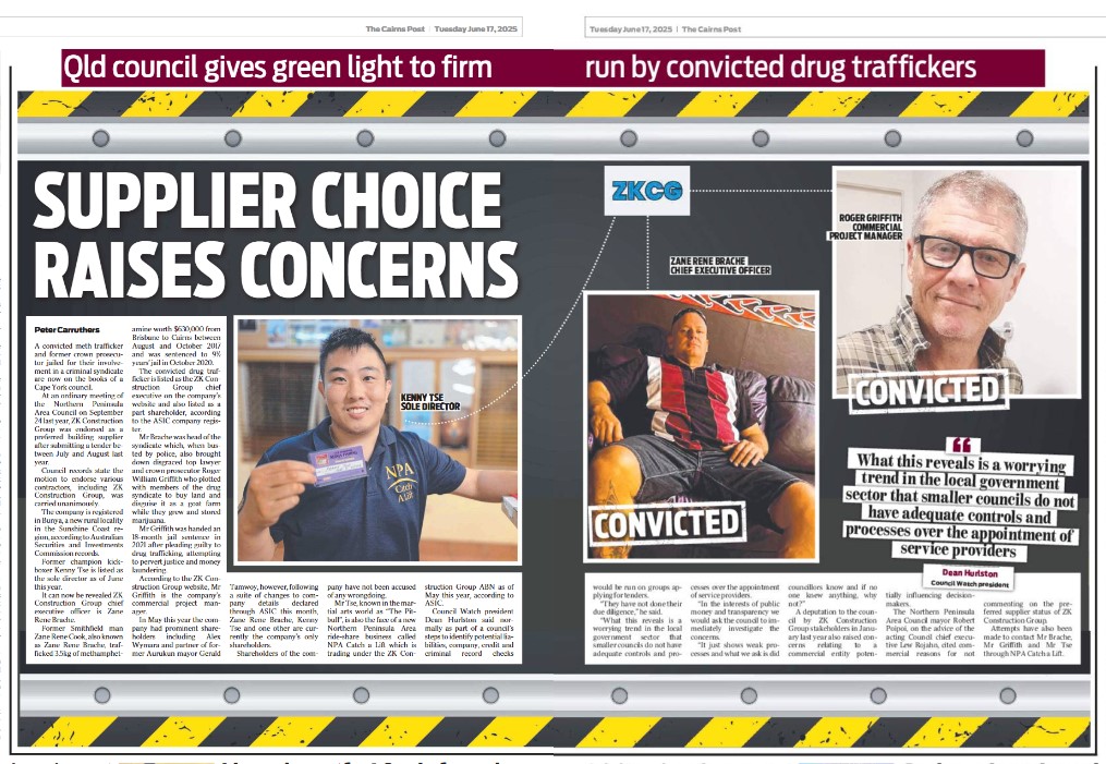 A convicted meth trafficker and former crown prosecutor jailed for their involvement in a criminal syndicate are now on the books of a Cape York council.