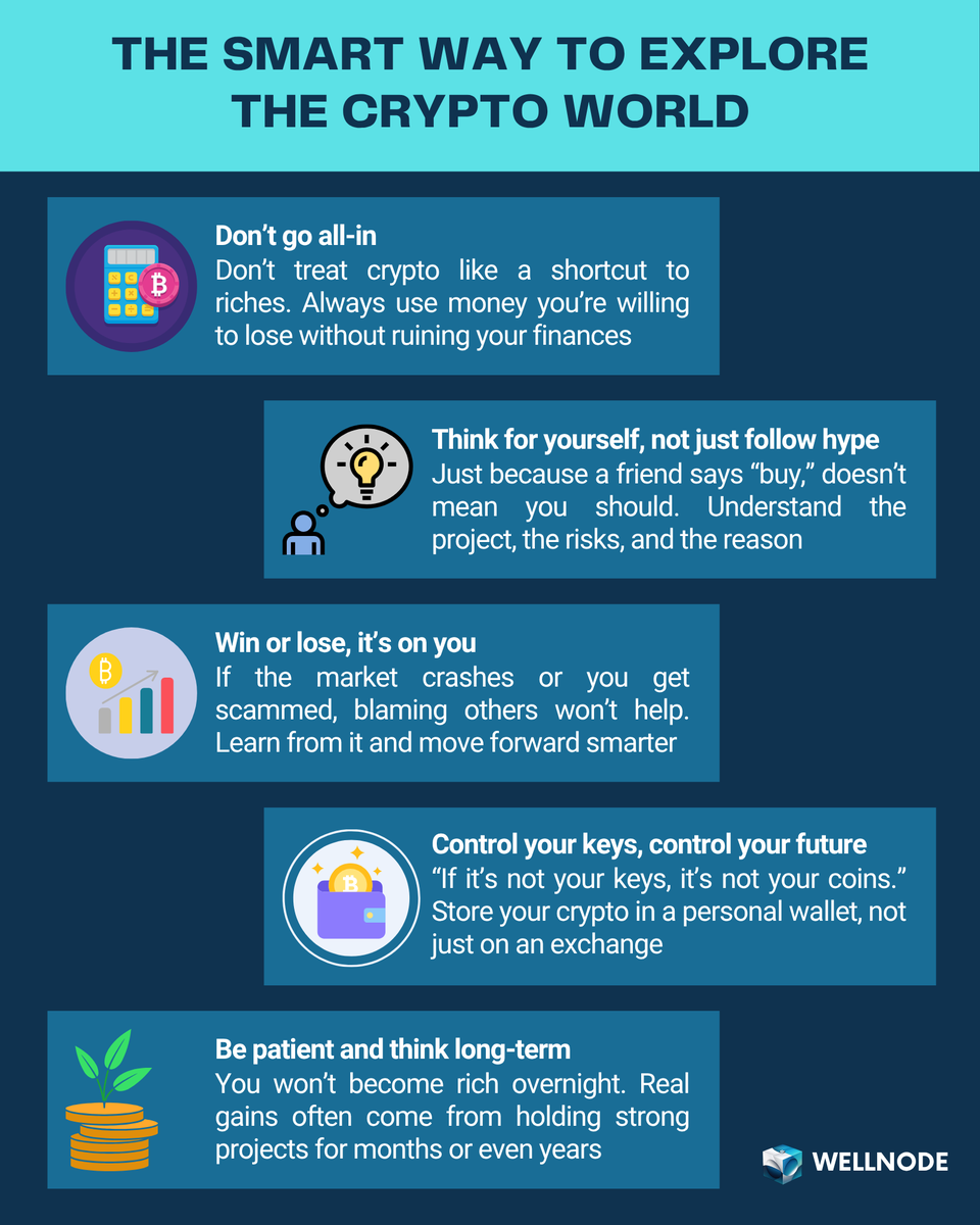 Here are 5 simple but powerful rules to help you explore the crypto world the right way💡

💰Don't go all-in
🤔Think for yourself
📊Win or lose, it's on you
🔑Control your keys, control your future
🌱Be patient and think long-term

#Wellnode #WEND #Crypto #CryptoLife #information