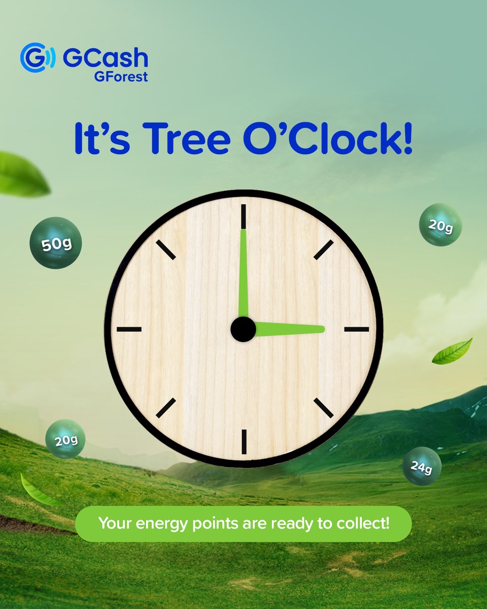 gcashofficial's tweet photo. Kapuno, time to collect your energy points! 🌳 Gaano na karami ang naipon mo? Share it in the comments!
💡Pro Tip: Set an alarm on your phone for 3PM every day so you never miss Tree O’Clock! #GForest https://t.co/gdkXRbWLHo