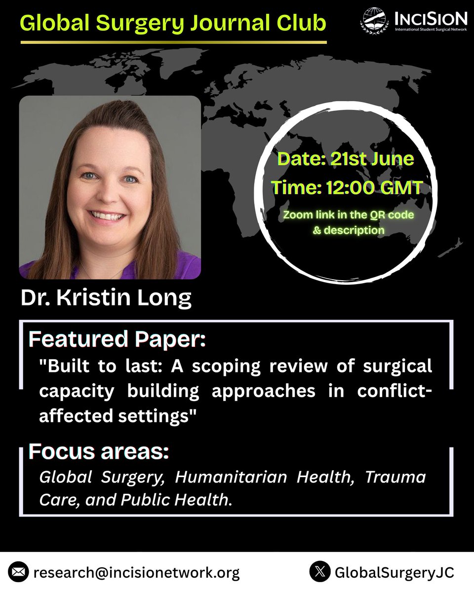 InciSioNGlobal's tweet photo. ��� Join us for June’s Global Surgery Journal Club with Dr. Kristin Long!
🗓 June 21, ⏰ 12:00 GMT
📝 Topic: Surgical capacity building in conflict settings
📄 Read the paper: https://t.co/2CGerfW8xO
🔗 Register: https://t.co/2j3QpAuDkl
#TheFutureofTheOR #GlobalSurgeryJC https://t.co/QR0OhrwWFR