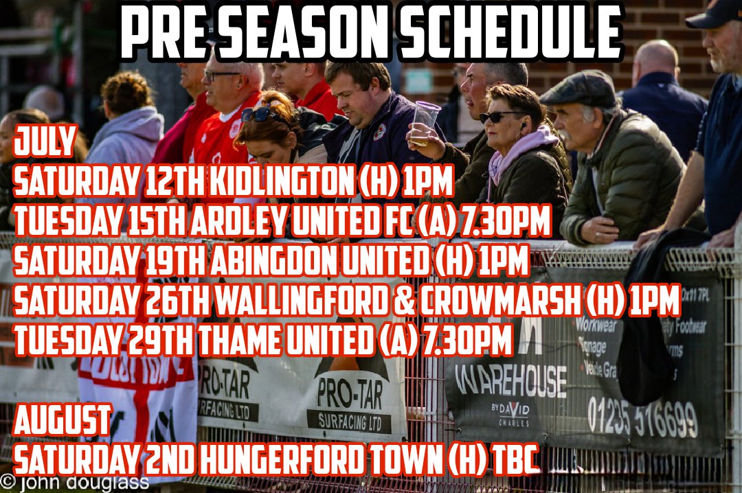 Didcot Town are looking forward to six games during pre season. 

The players return for pre season training on the 28th of June, and the first game will be a fortnight later against Kidlington at the Loop. 

The first away game is at Ardley United on the 15th.

The following two