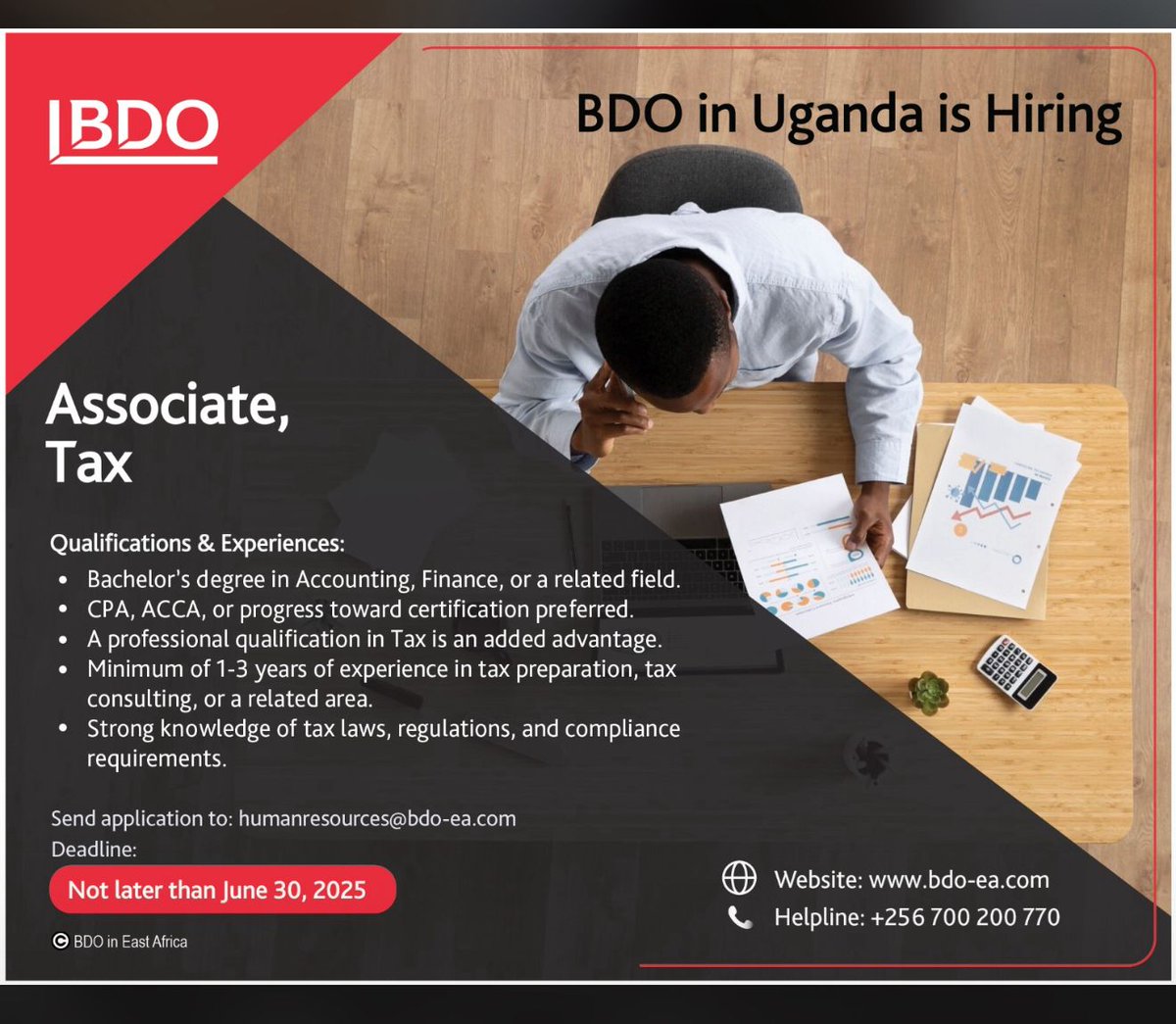 Job Plug 1: 
Associate, Tax at #BDO

#JobAlert #jobseekers #ugandajob