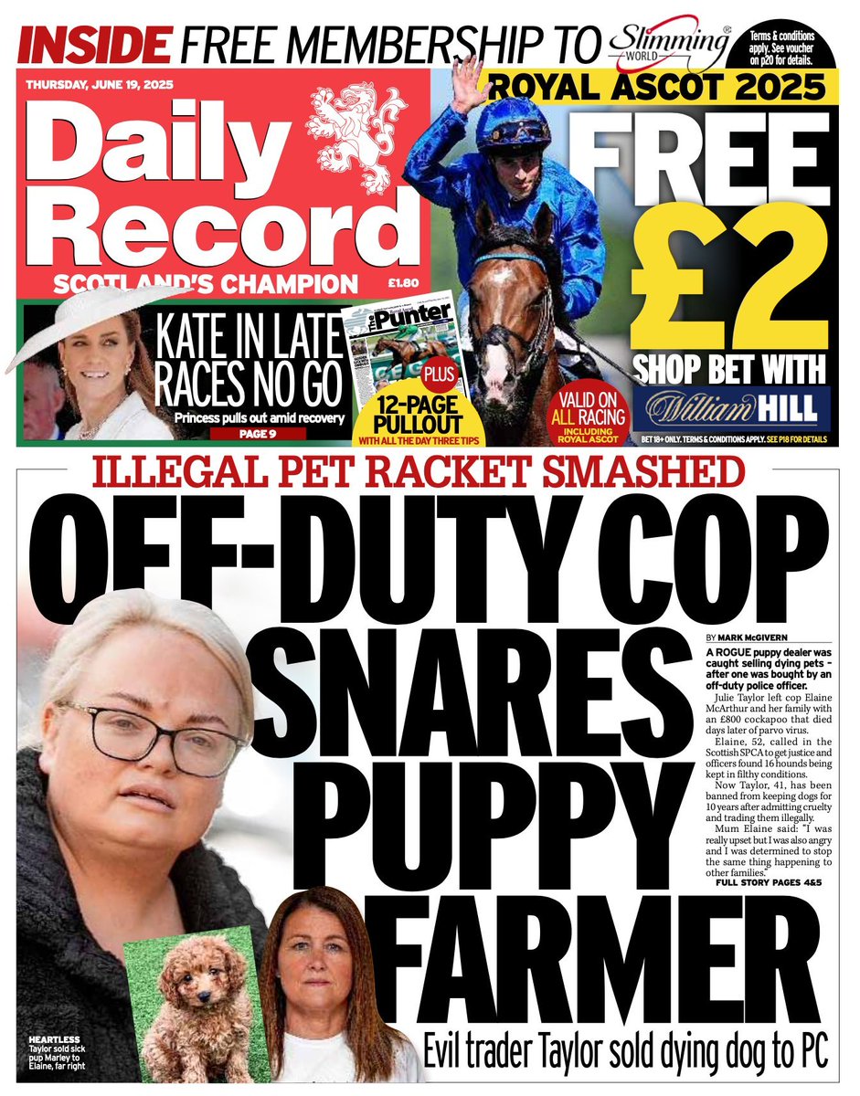 Today's front page leads on a rogue puppy dealer caught selling dying pets after one was bought by an off-duty police officer. #scotpapers

Read More: dailyrecord.co.uk/news/scottish-…