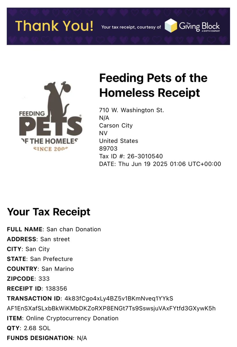 Kantaro San (@kantaro0925) on Twitter photo 21st donation โ๏ธ
Proud to share that the $SAN community has made its 21st donation โ this time to <a href="/PetsofHomeless/">Feeding Pets of the Homelessยฎ</a> ๐พ
Thank you for everything you do!
$391 (50,000 $SAN = 2.68 SOL) was sent to help provide food and basic care for pets belonging to homeless people around the 21st donation โ๏ธ
Proud to share that the $SAN community has made its 21st donation โ this time to <a href="/PetsofHomeless/">Feeding Pets of the Homelessยฎ</a> ๐พ
Thank you for everything you do!
$391 (50,000 $SAN = 2.68 SOL) was sent to help provide food and basic care for pets belonging to homeless people around the
