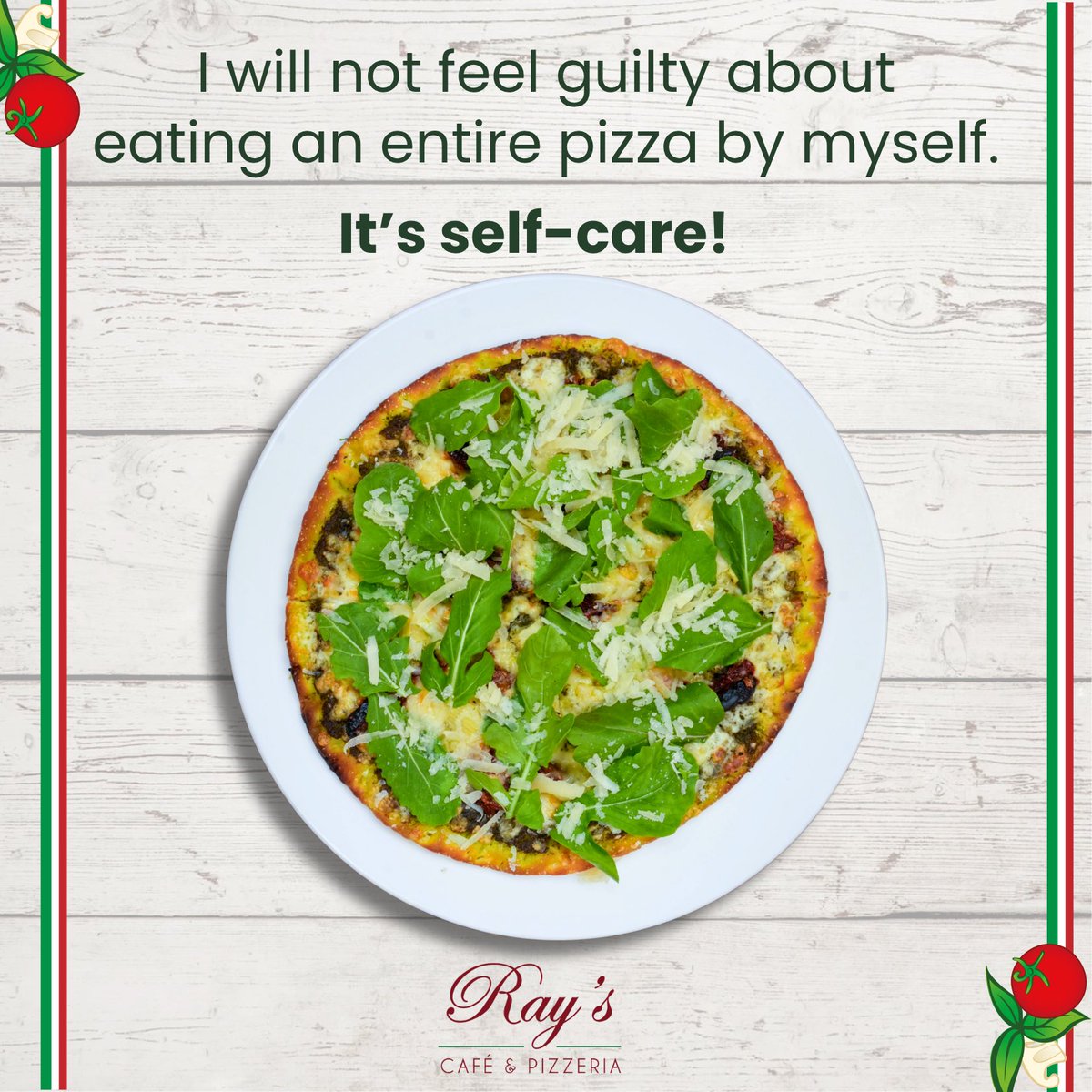 Therapy comes in slices. Today, I needed the whole pie.

Call: 9322003288

Order here: rayscafeandpizzeria.com
Or on Zomato/Swiggy 

#RaysPizzeria #RaysPizza #PestoPizza #Selfcare #trending #love #pizzadelivery #pizzaplace #selflove