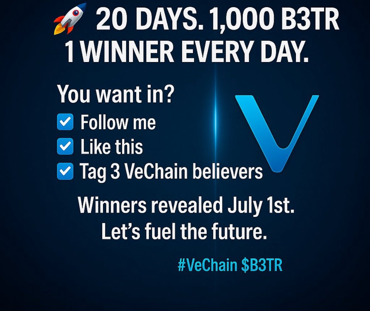🚨VECHAIN GIVEAWAY - DAY 10🚨

🚀 20 Days. 1,000 B3TR. 1 Winner Every Day. 🚀

To celebrate #VeChain’s Stargate launch on July 1st, I’m giving away 1,000 $B3TR — 50 B3TR every day until launch.

🔥 You want in?

To enter (daily):
✅ Follow me
❤️ Like this
🔁 Repost and Tag 3