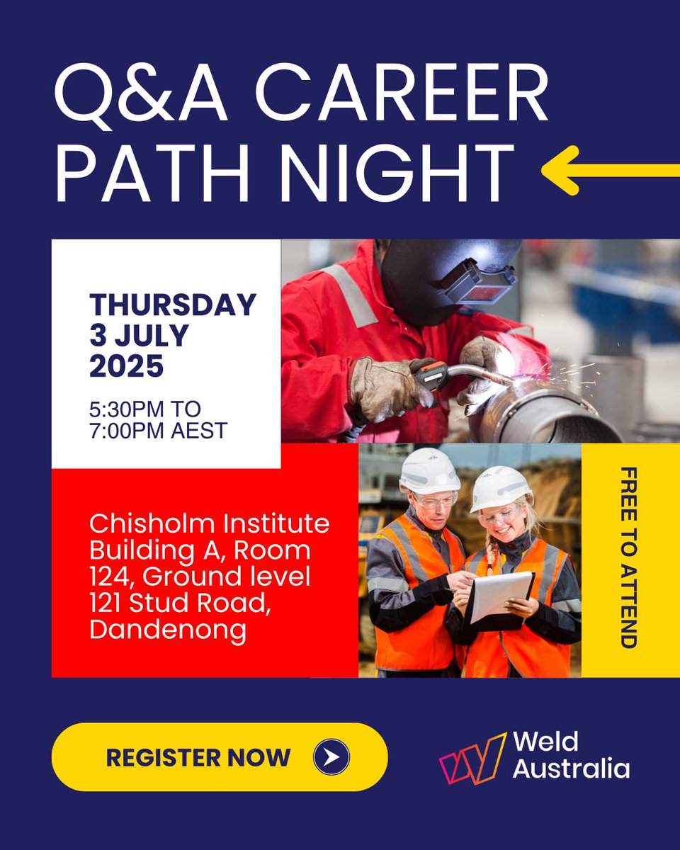 Thinking about a career in welding? 

Join Weld Australia, Chisholm and SEMMA for our VIC Q&amp;A Career Path Night in Dandenong on Thursday 3 July!

This free event is your chance to explore what a future in welding could really look like.

bit.ly/43YheDV